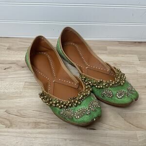 Women's 7 37 Gretchen Scott Shoes Green Satin Jingle Jangle Beaded Embroidered